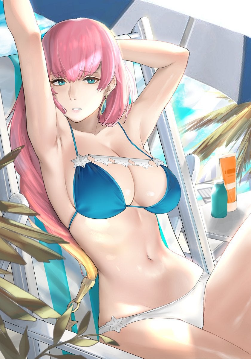 1girl 1girl 1girl alluring arms_above_head arms_up bare_arms bare_midriff bare_shoulders bare_thighs beach beach_chair beach_umbrella belly big_breasts big_breasts big_sister bikini bikini_bottom bikini_top blue_bikini blue_bikini_top blue_earrings blue_eyes blue_swimsuit bra cleavage close-up earrings female_only fire_emblem fire_emblem_heroes gunnthra_(fire_emblem) human human_only intelligent_systems j@ck light-skinned_female light_skin long_hair mature mature_female midriff navel nintendo panties pink_hair sideboob sitting sitting_down sitting_on_chair solo_female stomach stretch stretching sunny swimsuit thick_thighs thighs tree white_bikini white_bikini_bottom white_swimsuit