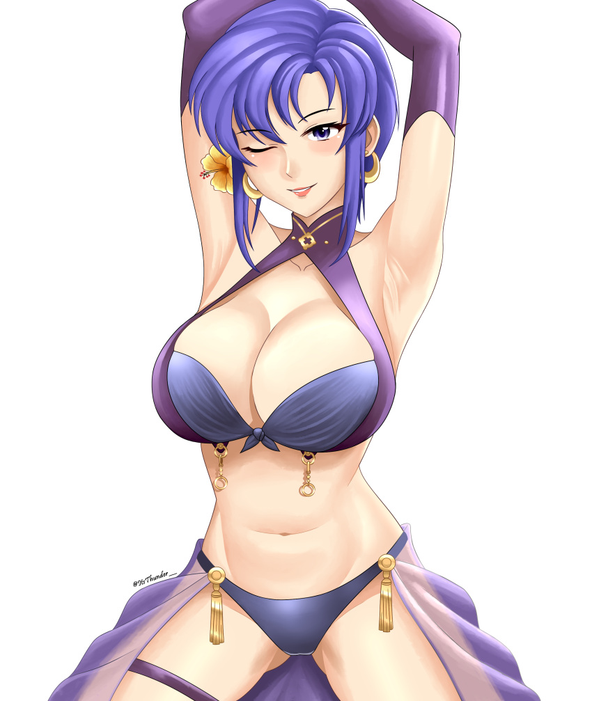 1girl 1girl absurd_res alluring arms_up big_breasts bikini blue_hair cleavage earrings fire_emblem fire_emblem:_the_blazing_blade fire_emblem_heroes flower gluteal_fold hair_flower hair_ornament high_res intelligent_systems jewelry looking_at_viewer nintendo official_alternate_costume one_eye_closed short_hair short_hair_with_long_locks sidelocks sitting smile swimsuit thunder's_fist ursula_(fire_emblem) ursula_(summer)_(fire_emblem)