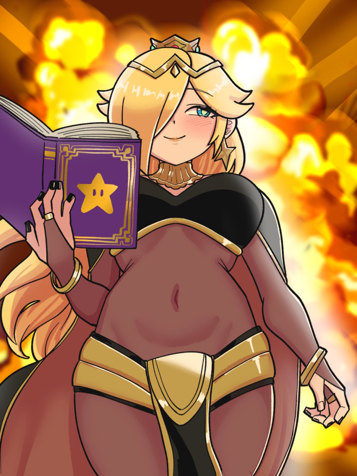 1girl 1girl alluring alternate_costume big_breasts black_nails blonde_hair blue_eyes blush bodystocking book bridal_gauntlets closed_mouth commentary cosplay covered_navel crown earrings english_commentary explosion explosion_background fire_emblem fire_emblem_awakening from_below hair_over_one_eye high_res holding holding_book intelligent_systems jewelry long_hair looking_to_the_side mario_(series) mnejing30 nintendo open_book pelvic_curtain rosalina smile star_(symbol) star_earrings tharja_(fire_emblem)_(cosplay) the_super_mario_galaxy_movie tiara very_long_hair