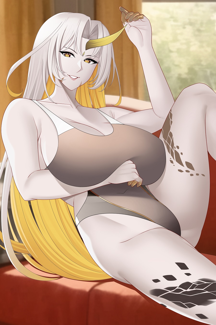 1girl 1girl alluring aslind_samure aslindsamure big_breasts blonde_hair cleavage colored_skin fire_emblem fire_emblem_heroes gullveig_(fire_emblem) high_res intelligent_systems looking_at_viewer multicolored_hair navel nintendo oni_horn pale_skin smile swimsuit thick_thighs thighs white_hair white_skin wide_hips yellow_eyes