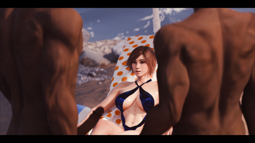 1girl 1girls 2boys 3d big_breasts blender boob_window brown_eyes brown_hair cleavage clothing forsavide kazama_asuka male namco penis shocked short short_hair swimsuit tekken tekken_8