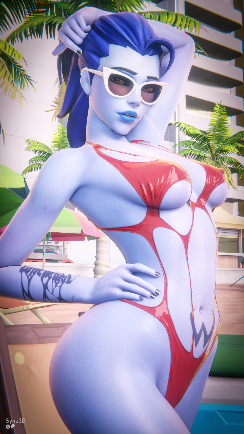 1girl 1girls 3/4_view 3d amelie_lacroix arched_back arm_behind_head arm_tattoo ass beach big_ass big_breasts black_nail_polish blue_hair blue_skin blue_skinned_female breasts cleavage cleavage_cutout cutout detailed_background female_only front_view grin hand_on_hip happy_female high-waist_swimwear lingerie looking_at_viewer lower_body_out_of_frame medium_breasts navel navel_cutout nipple_bulge one-piece_swimsuit outside overwatch overwatch_2 painted_nails palm_tree pinup pokies pool poolside pose pubic_tattoo showing_off standing sunglasses swimsuit swimwear syna syna3d tinted_eyewear underboob_cutout widowmaker widowmaker_(overwatch) yellow_eyes