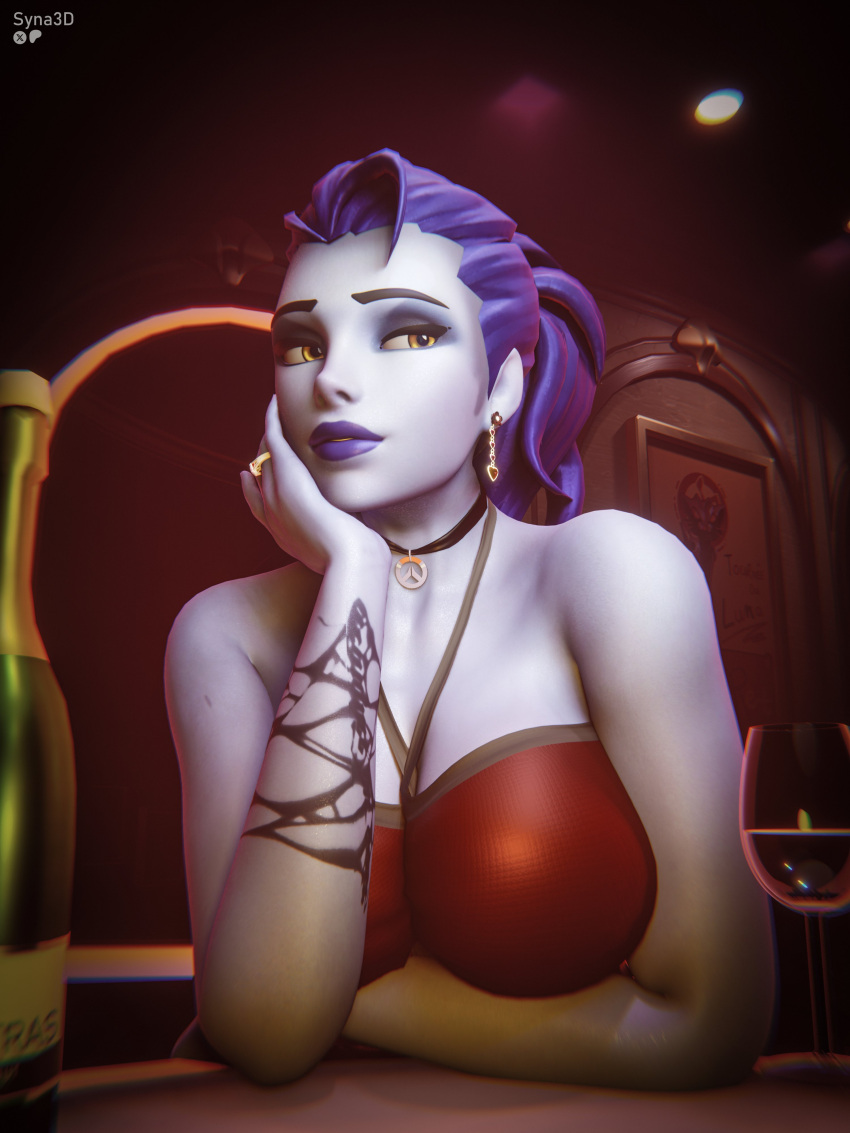 1girl 1girls 3d alternate_version_available amelie_lacroix arm_tattoo big_breasts blizzard_entertainment blue_eyeshadow blue_hair blue_lipstick blue_skin blue_skinned_female breasts choker date detailed_background dinner_date elbows_on_table evening_gown female_only form_fitting fully_clothed gold_earrings gold_jewelry gold_ring jojo_3dart long_hair looking_at_viewer loving_gaze nude_version_available overwatch overwatch_2 ponytail red_dress resting_on_arm sitting sitting_at_table syna syna3d tied_hair valentine's_day widowmaker widowmaker_(overwatch) wine wine_glass yellow_eyes