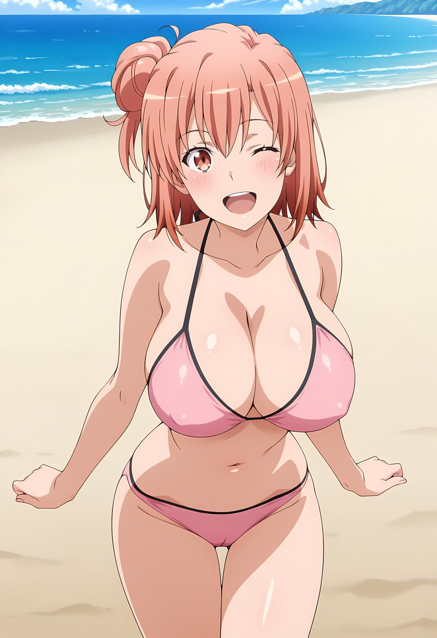 1girl accurate_art_style alluring androidparanoid bare_legs beach big_breasts bikini black_hair blue_sky cleavage long_hair ocean pin_up posing red_bikini red_eyes red_hair wink winking_at_viewer yahari_ore_no_seishun_lovecome_wa_machigatteiru. yuigahama_yui