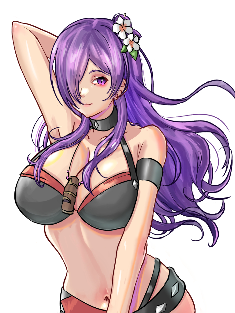 1girl alboire alluring big_breasts cleavage fire_emblem intelligent_systems nintendo purple_eyes purple_hair shez_(fire_emblem) shez_(fire_emblem)_(female) shez_(summer)_(fire_emblem)