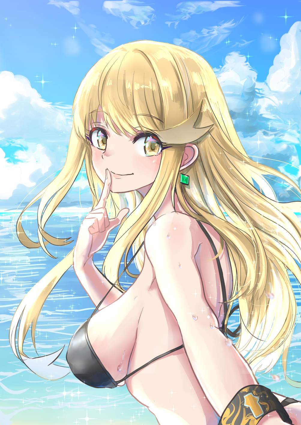 1girl alluring alternate_costume beach big_breasts bikini blonde_hair high_res mythra_(xenoblade) sofusan1526 swimsuit xenoblade_(series) xenoblade_chronicles_2 yellow_eyes