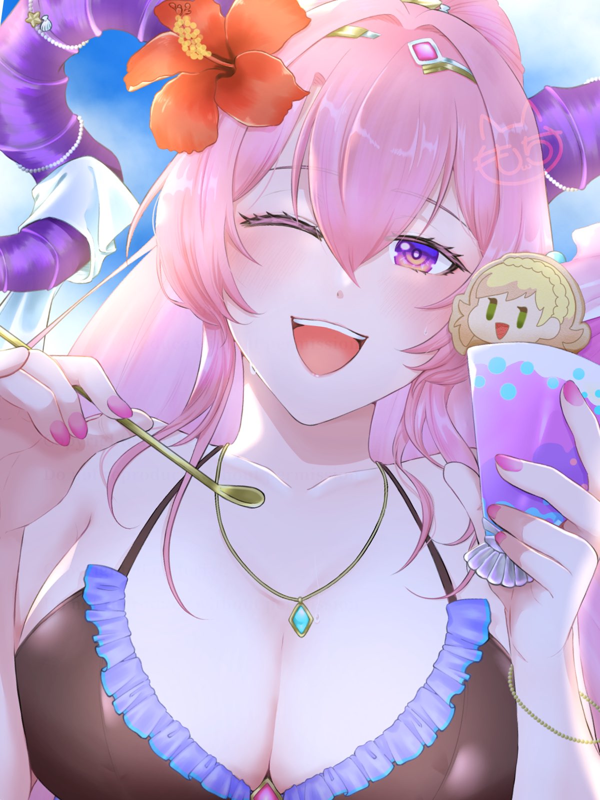 1girl ;d alluring big_breasts bikini black_bikini character-themed_food cleavage collarbone eyelashes fire_emblem fire_emblem_heroes flower food goat_horns hair_between_eyes hair_flower hair_ornament highres holding holding_food holding_ice_cream holding_spoon horns ice_cream intelligent_systems jewelry long_hair looking_at_viewer mochinyanta necklace nerthuz_(fire_emblem) nerthuz_(summer)_(fire_emblem) nintendo official_alternate_costume one_eye_closed open_mouth pink_hair pink_nails purple_eyes smile solo spoon swimsuit teeth upper_body upper_teeth_only wet