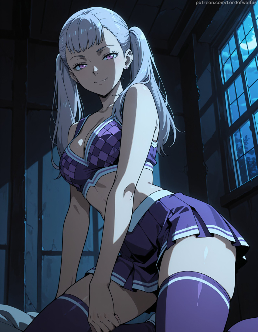 ai_generated bare_thighs big_breasts big_breasts black_clover cheerleader grin huge_breasts huge_thighs light-skinned_female light_skin looking_at_viewer lord_of_waifus noelle_silva purple_eyes silver_hair solo_female squatting stockings sweat sweatdrop thick_body thick_female thick_thighs thighs twin_tails voluptuous voluptuous_female