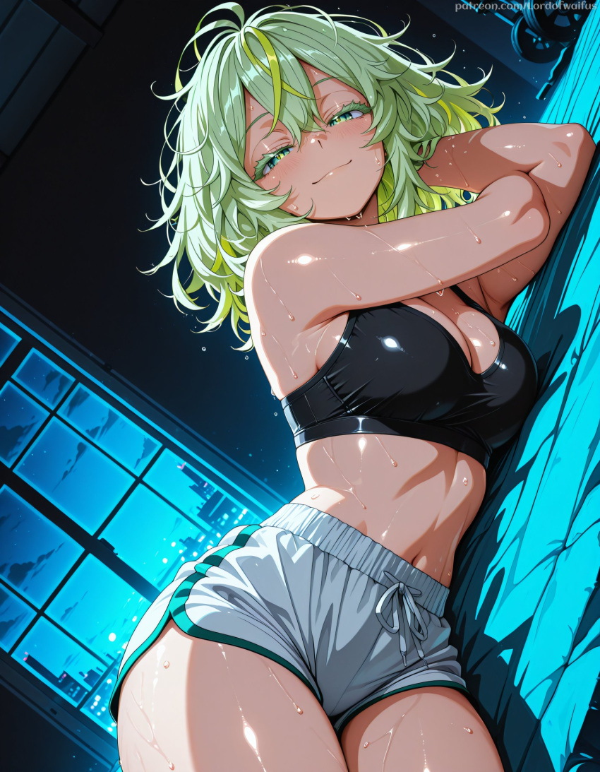ai_generated bare_thighs big_breasts blush boku_no_hero_academia dolphin_shorts green_eyes green_hair grin huge_breasts huge_thighs light-skinned_female light_skin looking_at_viewer lord_of_waifus massive_breasts medium_hair my_hero_academia oiled_body oiled_skin solo_female squatting sweat sweatdrop tank_top thick_body thick_female thick_thighs thighs tooru_hagakure tooru_hagakure_(visible) voluptuous voluptuous_female
