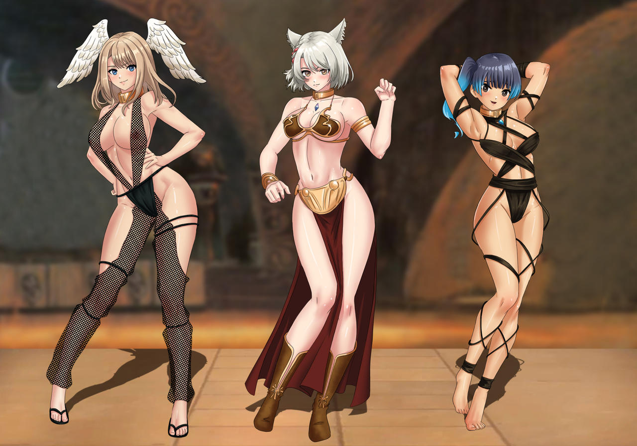 1girl 3_girls alluring amenoosa belly_dancer belly_dancer_outfit big_breasts black_hair blonde_hair blue_hair breasts cat_ears cat_girl catgirl core_crystal cosplay crossover_cosplay dancer dancer_outfit eunie_(xenoblade) fishnets harem harem_girl harem_outfit loincloth long_hair mio_(xenoblade) multicolored_hair s sena_(xenoblade) silver_hair skimpy wing_ears xenoblade_(series) xenoblade_chronicles_3
