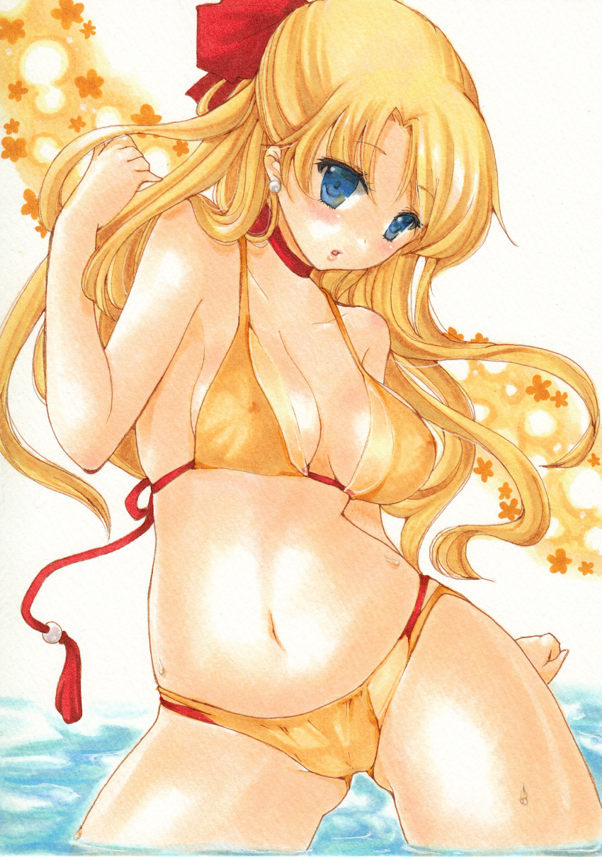 1girl absurd_res adult_swim alluring bikini bishoujo_senshi_sailor_moon bishoujo_senshi_sailor_moon_r bishoujo_senshi_sailor_moon_r_the_movie bishoujo_senshi_sailor_moon_s bishoujo_senshi_sailor_moon_s_the_movie bishoujo_senshi_sailor_moon_supers bishoujo_senshi_sailor_moon_supers_the_movie blonde_hair blue_eyes bow collarbone contrapposto covered_erect_nipples earrings female_focus gradient_background hair_bow high_res jewelry long_hair marker_(medium) minako_aino multi-strapped_bikini_bottom navel open_mouth sailor_venus standing swimsuit toei_animation toonami traditional_media very_long_hair viz_media water yellow_bikini yurun