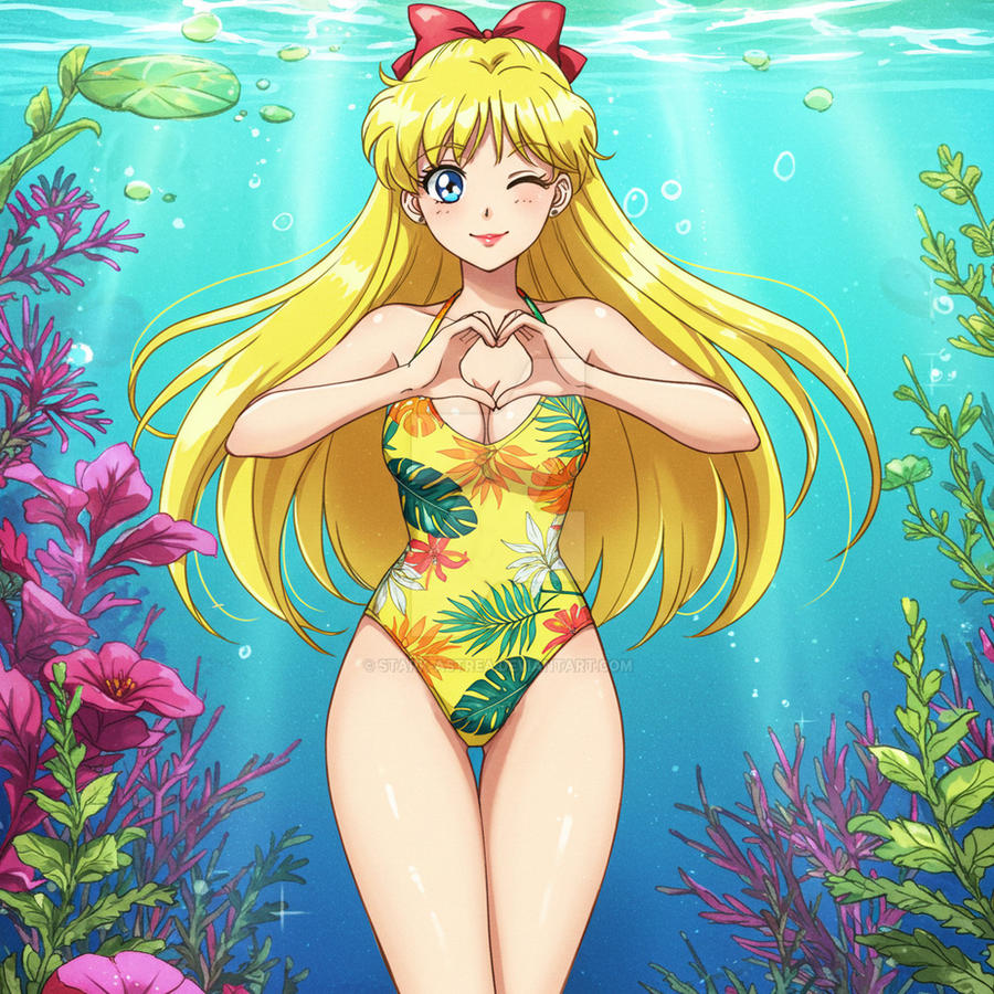 1girl adult_swim alluring athletic_female bikini bishoujo_senshi_sailor_moon bishoujo_senshi_sailor_moon_r bishoujo_senshi_sailor_moon_r_the_movie bishoujo_senshi_sailor_moon_s bishoujo_senshi_sailor_moon_s_the_movie bishoujo_senshi_sailor_moon_supers bishoujo_senshi_sailor_moon_supers_the_movie blonde_hair blue_eyes cleavage female heart_symbol medium_breasts minako_aino one-piece_bikini solo stark-astrea toei_animation toonami underwater viz_media wink