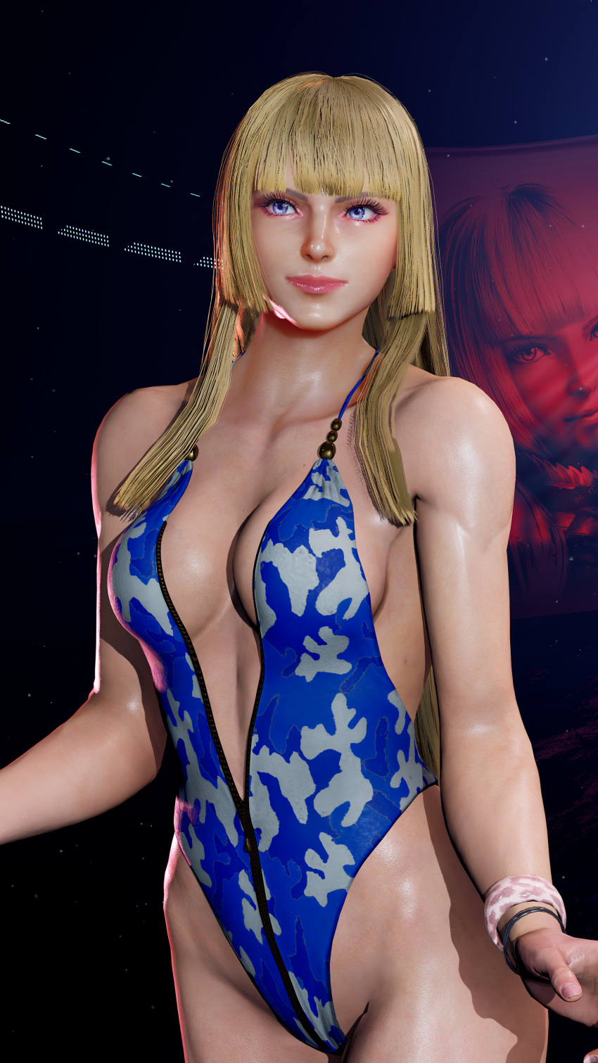 alluring bare_legs blonde_hair blue_eyes camouflage_bikini emilie_de_rochefort envy15re2lm medium_breasts namco one-piece_bikini pin_up sideboob tekken_7 tekken_8 tekken_tag_tournament_2 zipper