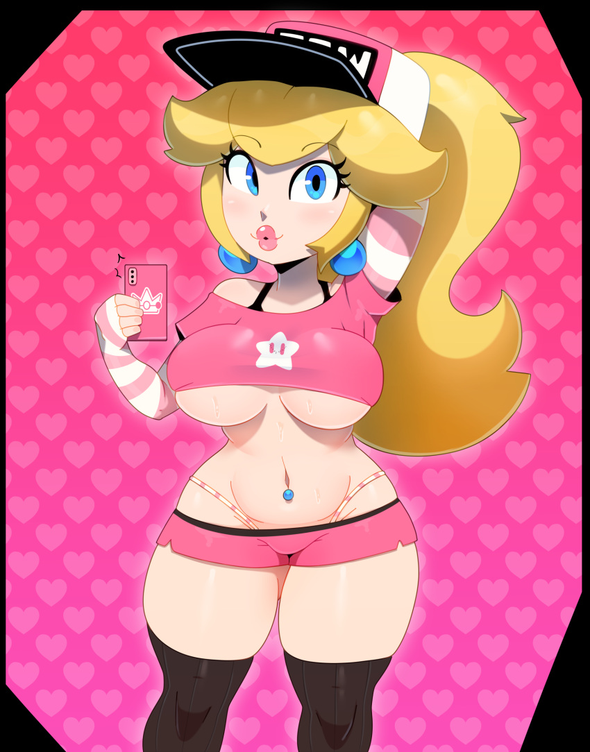 1girl 1girl 1girls 2d 2d_(artwork) ass big_breasts big_lips blonde_hair blue_eyes breasts bubble_ass bubble_butt cap crop_top curvaceous curvy elbow_gloves female_only fingerless_gloves front_view gloves heart holding_phone huge_breasts lips lipstick long_hair long_ponytail looking_at_viewer mario_(series) midriff navel_piercing nintendo panties phone pin_up_peach_(somescrub) pink_background pink_lips pink_lipstick ponytail princess_peach puckered_lips selfpic short_shorts shorts skimpy skimpy_clothes smartphone somescrub stockings sweat tagme thick_lips thick_thighs thighs thong tied_hair under_boob underwear voluptuous whale_tail zettai_ryouiki
