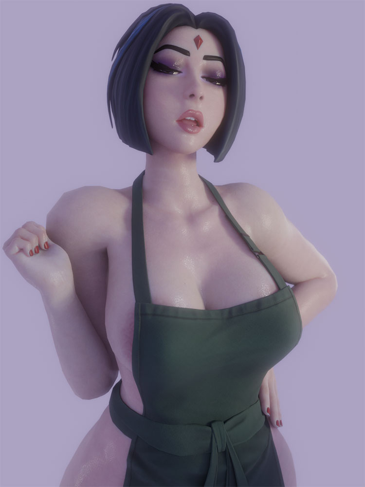 1girl 1girl 1girls 3d apron apron_only areola areola_slip bedroom_eyes big_areola big_breasts big_breasts bimbo breasts brunette casual clothing curvaceous curves curvy dc_comics dc_comics epic_games fast_food female_only forehead_jewel fortnite goth goth_girl gothic huge_breasts human kittyyevil light-skinned_female light_skin looking_at_viewer mouth_open multicolored_hair naked_apron outerwear pale_skin rachel_roth raven_(dc) raven_(fortnite)_(dc) red_nails seductive_look short_hair solo_female superheroine sweat teen_titans titans uniform