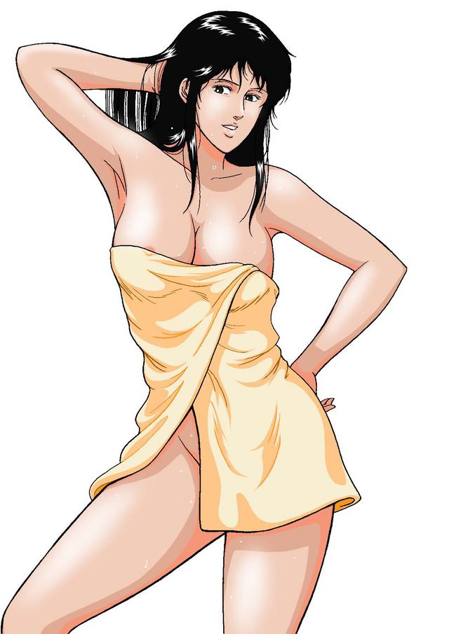 1girl adjusting_hair arm_up armpits bare_arms bare_legs bare_shoulders big_breasts black_eyes black_hair breasts cat's_eye cleavage collarbone contrapposto female_only female_solo grin hand_on_hip hitomi_kisugi kisugi_hitomi legs long_hair looking_at_viewer mound_of_venus naked_towel naughty_face neck parted_lips pose posing simple_background smile standing straight_hair thick_thighs thighs towel white_background yellow_towel