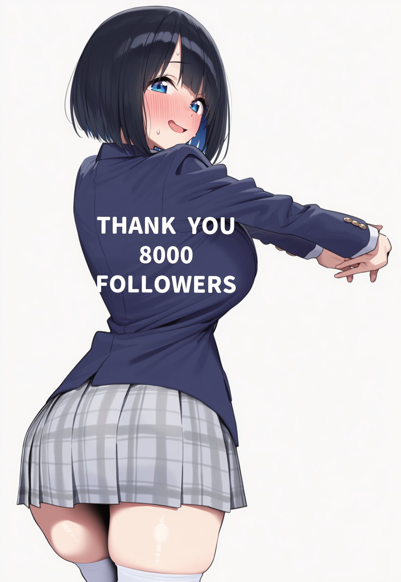 1girl ai_generated ass blush breasts huge_ass huge_breasts light-skinned_female light_skin looking_at_viewer looking_back nero251118 school_uniform schoolgirl shy_smile smile sweat sweatdrop thick_thighs thighs white_background