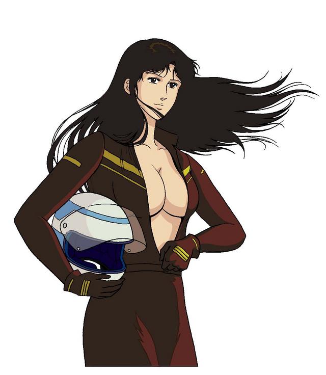 1girl big_breasts biker_clothes biker_suit black_eyes black_hair bodysuit breasts brown_bodysuit brown_gloves cat's_eye cleavage closed_mouth collarbone expressionless female_only female_solo floating_hair gloves helmet helmet_removed hitomi_kisugi holding holding_helmet kisugi_hitomi long_hair looking_to_the_side medium_breasts neck open_bodysuit open_clothes simple_background standing straight_hair white_background