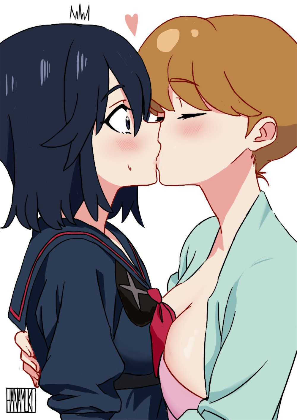 2_girls age_difference big_breasts black_hair black_serafuku blue_eyes blush breast_press breasts brown_hair closed_eyes couple duo embarrassed eyebrows_visible_through_hair family female/female female_only hair_between_eyes hanamuko_(hana_muko) heart hugging kill_la_kill kissing looking_at_another love mankanshoku_sukuyo matoi_ryuuko mature mature_female mature_woman medium_breasts multiple_girls mutual_yuri neck nervous romantic romantic_couple school_uniform senketsu serafuku short_hair short_sleeves shy simple_background stepmother stepmother_and_stepdaughter surprised sweat sweatdrop teen teenage_girl upper_body white_background yuri
