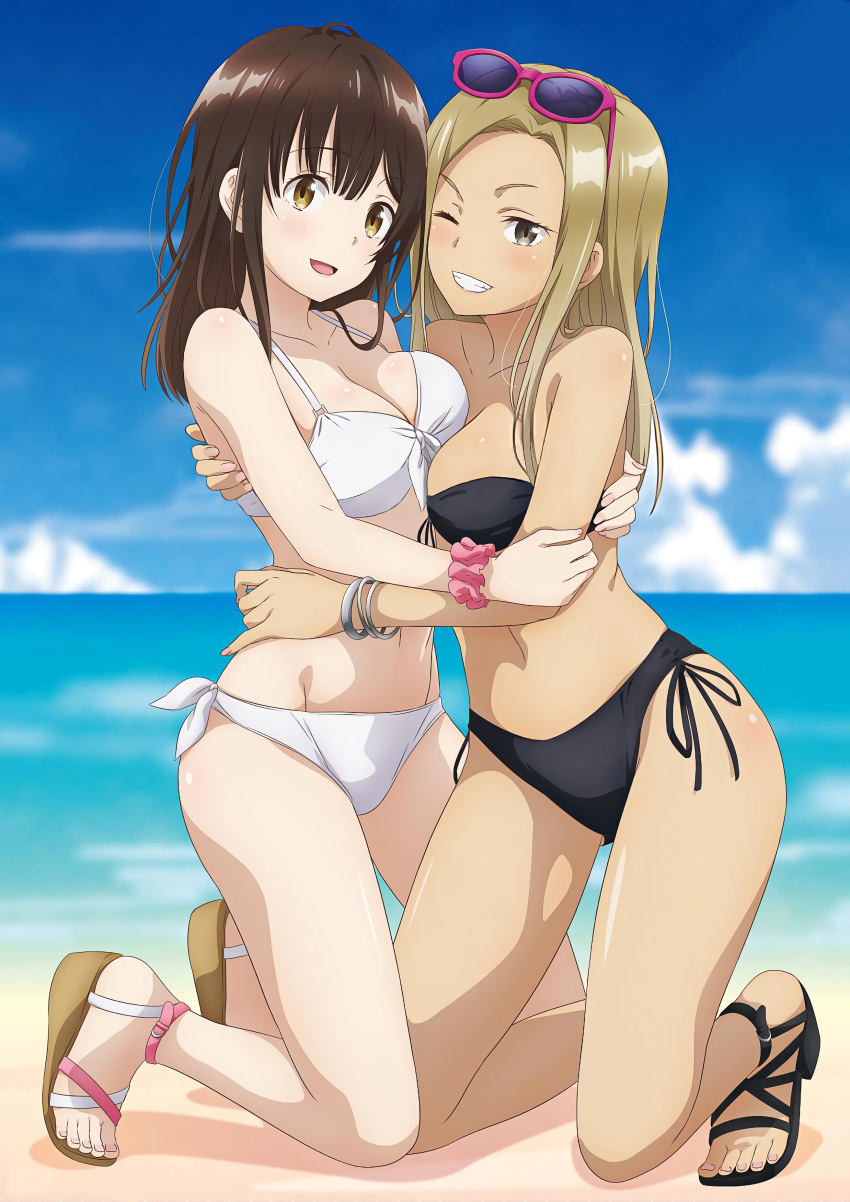 2_girls alternate_costume asami_yuuki bangs bare_arms bare_legs bare_shoulders beach big_breasts bikini black_bikini black_footwear black_high_heel_sandals black_high_heels black_swimsuit blonde_female blonde_hair blurry blurry_background blush bracelet breast_press breasts brown_eyes brown_hair cleavage clenched_teeth cloud collarbone couple dark_brown_hair day duo eyebrows_visible_through_hair female/female female_only footwear friends full_body grin hair_between_eyes happy head_tilt hige_wo_soru._soshite_joshikousei_wo_hirou. high_heel_sandals high_heels hugging jewelry kneel legs long_hair looking_at_viewer love medium_breasts midriff multiple_girls mutual_yuri nail_polish navel neck ocean ogiwara_sayu one_eye_closed open_mouth outside parted_bangs pink_nails pink_scrunchie romantic romantic_couple round_teeth sand sandals sayu_ogiwara scrunchie side-tie_bikini sidelocks silver_bracelet silver_jewelry sky smile straight_hair strapless strapless_bikini strapless_swimsuit sunglasses sunglasses_on_head swimsuit teen teenage_girl teeth thighs tiptoes water white_bikini white_footwear white_high_heel_sandals white_high_heels white_swimsuit wink wrist_scrunchie yellow_eyes yuri yuuki_asami