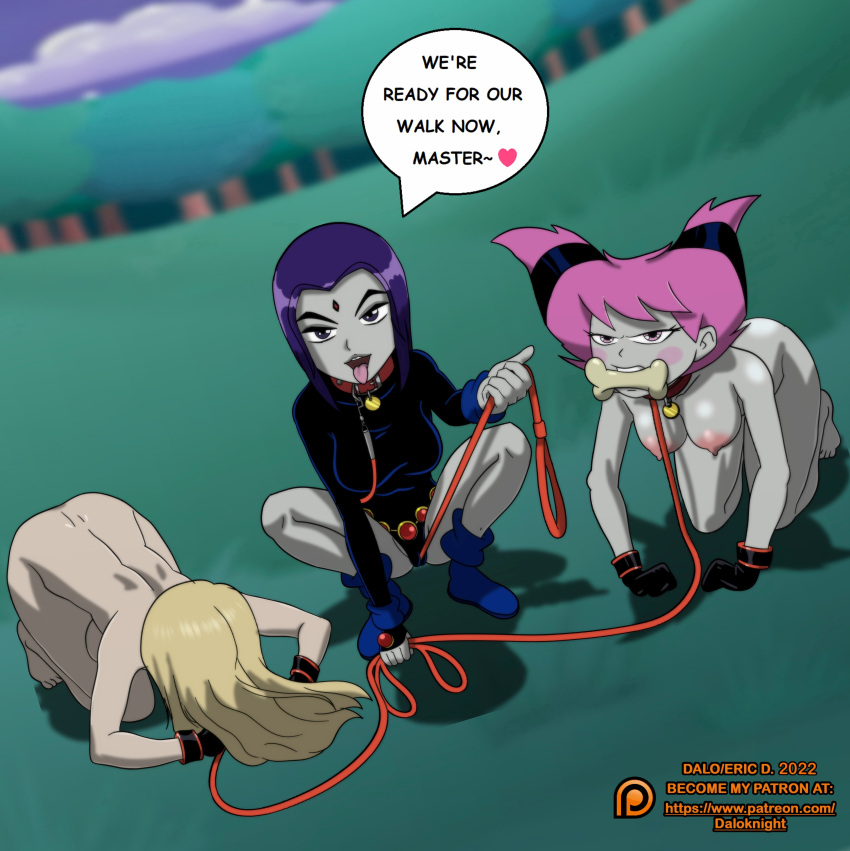 2022 3girls all_fours angry angry_face artist_name belt blonde_hair bone bone_gag boots breasts cameltoe clothed clothed_female collar collar_only collar_tag comic daloknight daylow dc_comics dialogue english english_text face_down_ass_up feet female female_only femsub gloves gloves_only grey_body hanging_breasts heart jewel jewel_on_forehead jinx leash leash_and_collar leotard master multiple_subs nipples nude nude_female outside patreon patreon_logo patreon_url patreon_username petplay pink_eyes pink_hair purple_eyes purple_hair rachel_roth raven_(dc) speech_bubble squatting tara_markov teen_titans teen_titans_(television_series) terra text toes tongue tongue_out warner_brothers web_address year