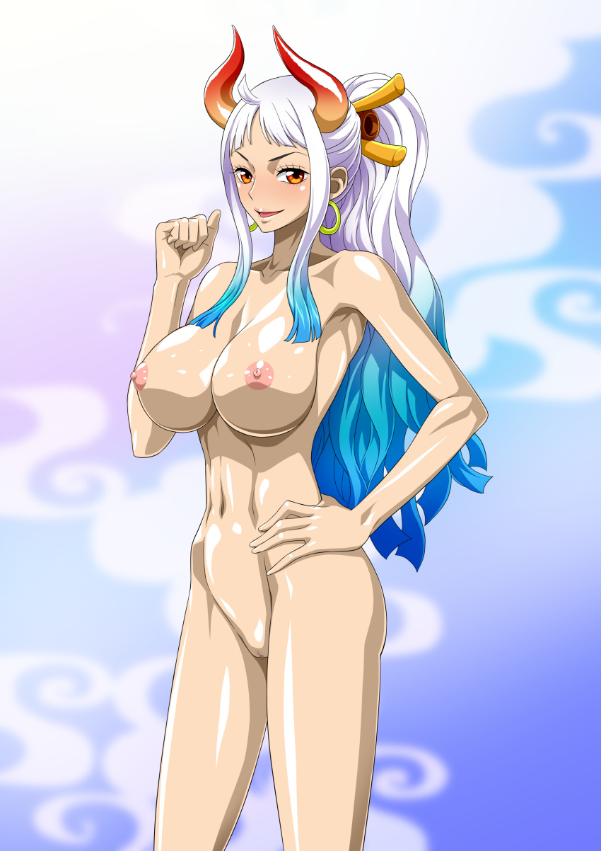 1girl 1girl absurd_res alluring athletic_female big_breasts blue_and_white_hair earrings female_abs fit_female hand_on_own_hip high_res horns jewelry multicolored_hair nel-zel_formula nipples nude one_piece ponytail pussy smile source_request standing tagme white_hair yamato_(one_piece)