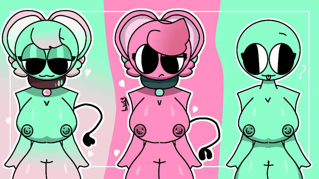 1girl breasts collar mint_fur moch_(sprunki) mochimochz mouse_ears mouse_girl mouse_tail nipples pink_fur pussy sprunki sprunki_oc
