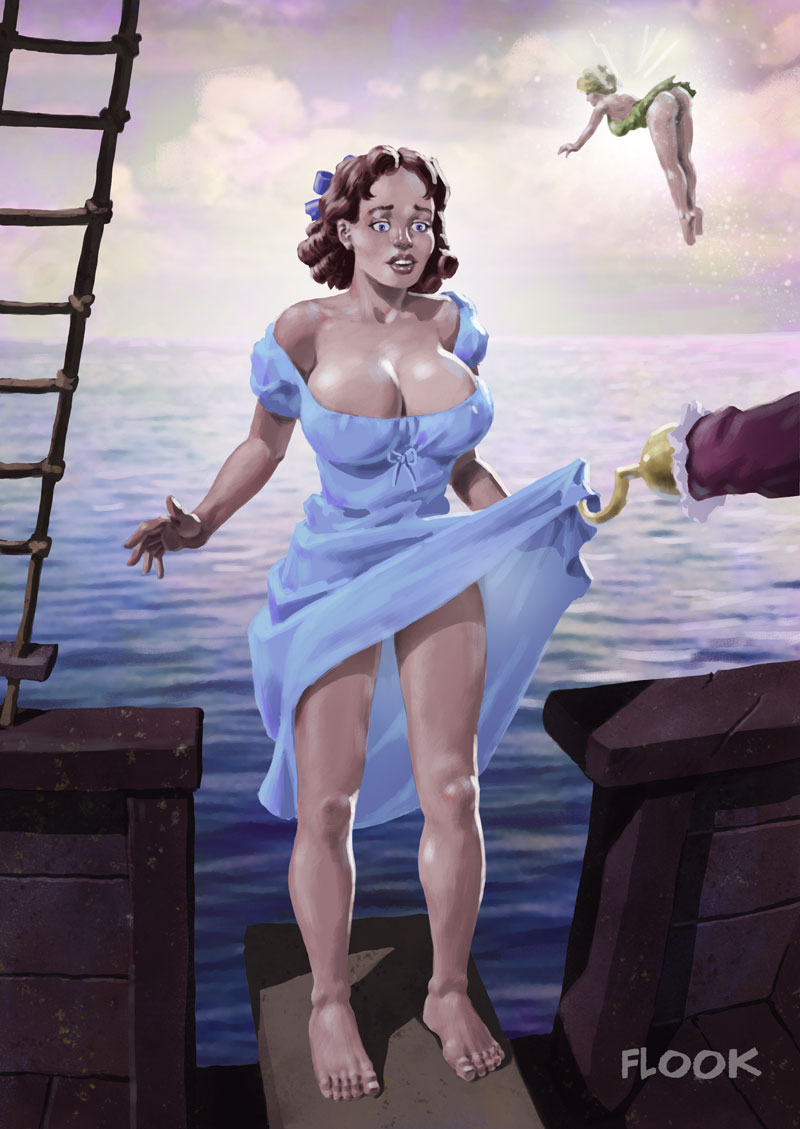 1boy 2_girls age_difference arms_at_sides ass back bangs bare_arms bare_back bare_legs bare_shoulders barefoot bent_over big_breasts blue_bow blue_dress blue_eyes bow breasts brown_hair brown_lipstick captain_hook cleavage cloud collarbone day disney dress fairy fairy_wings feet flook flook_(artist) flying full_body green_dress hair_bow hook hook_hand legs lips lipstick long_sleeves looking_at_another makeup multiple_girls neck ocean off-shoulder_dress off_shoulder out_of_frame outside parted_bangs parted_lips peter_pan peter_pan_(1953_film) peter_pan_(disney) pirate pirate_ship plank rock sad shadow ship short_dress short_hair short_sleeves sky standing strapless strapless_dress surprised teen teenage_girl thighs tinker_bell villain water wendy_darling wings