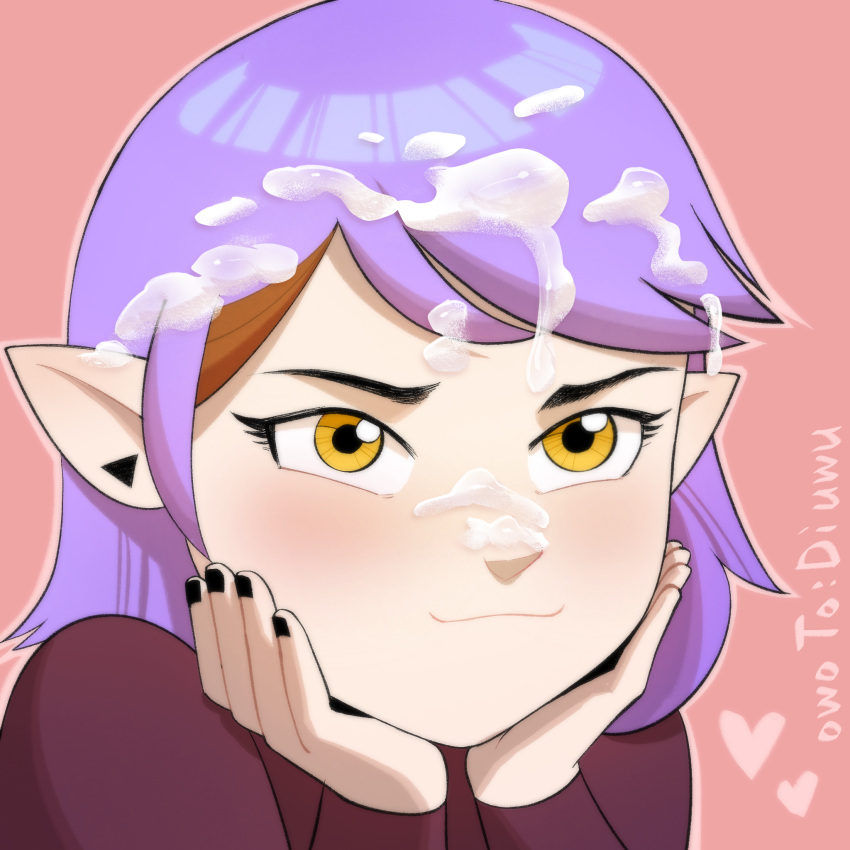 1girl 1girls amity_blight blush cum cum_on_face disney disney_channel facial floating_heart heart light-skinned_female light_skin owotodiuwu purple_hair smug the_owl_house witch_(the_owl_house) yellow_eyes