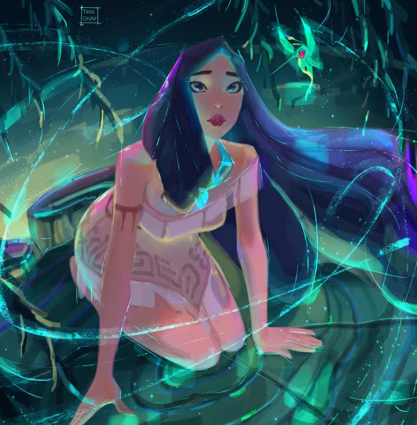 1girl animal arm_support arm_tattoo bangs bare_arms bare_legs bare_shoulders bird black_eyes black_hair breasts brown_dress coffeeart dark-skinned_female dark_skin disney dress expressionless female_focus female_only female_solo flit_(pocahontas) floating_hair forest from_above hummingbird jewelry kneel leaning leaning_forward legs legs_together lips lipstick long_hair looking_at_viewer looking_up makeup medium_breasts native_american nature neck necklace night outside parted_bangs parted_lips plant pocahontas pocahontas_(character) pond red_lipstick short_dress single-shoulder_dress solo_focus straight_hair surprised tattoo thick_eyebrows thick_lips thighs very_long_hair water