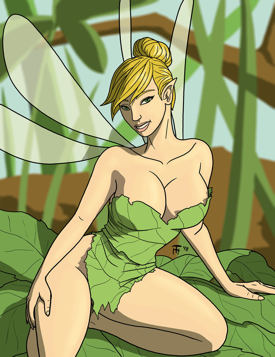 1girl arm_support arms_at_sides bare_arms bare_legs bare_shoulders big_breasts blonde_female blonde_hair blurry blurry_background breasts cleavage collarbone day disney disney_fairies dress fairy fairy_wings female_only female_solo green_dress green_eyes grin hair_bun half-closed_eyes head_tilt kneel leaf leaf_clothing leaves legs lips lipstick looking_at_viewer makeup membranous_wings naughty_face neck outside parted_lips peter_pan peter_pan_(1953_film) peter_pan_(disney) pink_lipstick pointy_ears shadow short_dress short_hair smile strapless strapless_dress taynorhook thighs tied_hair tinker_bell tinker_bell_(series) wings