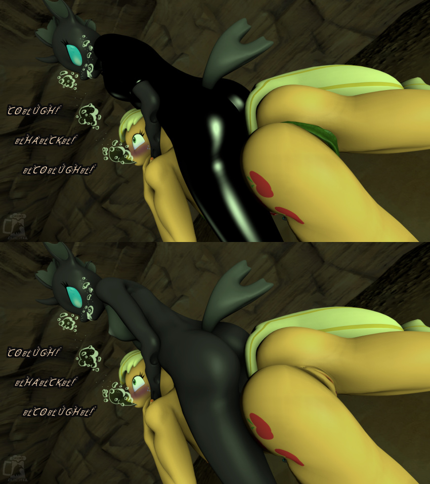 2girls applejack applejack_(mlp) aquaphilia art_trade ass breasts bubbles changeling changeling_(mlp) drowning drunk_crowley female fight friendship_is_magic hasbro kami_dragon my_little_pony nude pussy sfm source_filmmaker swimming swimsuit underwater