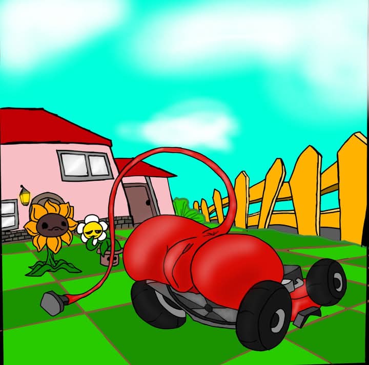 anus ass ass_focus blue_sky engine garden lawnmower mechanophilia plants_vs_zombies pussy sky sunflower_(pvz) tail tires wheel