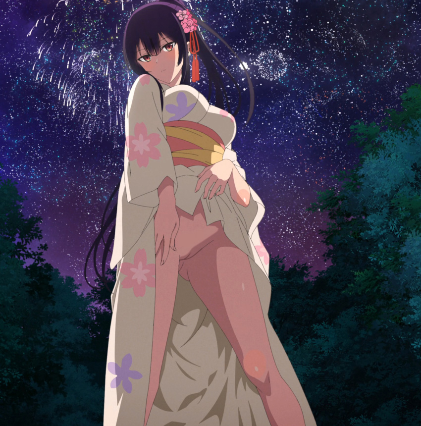 bottomless clothes_lift edit haite_kudasai_takamine-san kimono_lift long_hair looking_at_viewer nekom14 no_panties open_clothes orange_eyes ponytail purple_hair pussy screencap takamine_takane yukata