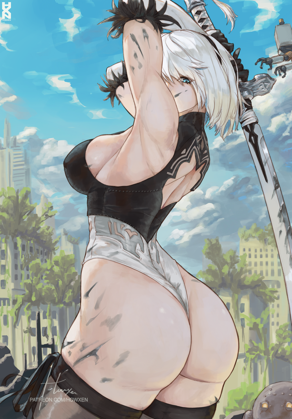 1girl big_breasts blue_eyes bubble_butt cleavage horny howxen inviting_to_sex looking_at_viewer nier nier:_automata nier_(series) pose standing stockings teasing thick_thighs white_hair yorha_no._2_type_b