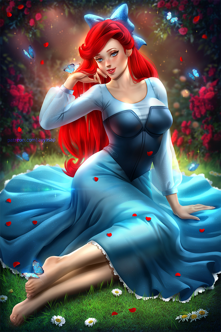 1girl arm_at_side arm_support ayyasap bangs barefoot big_breasts black_corset blue_bow blue_dress blue_eyes blush bow breasts brown_eyeshadow butterfly collarbone corset day disney disney_princess dress eyeshadow feet female_only female_solo flower full_body garden grass grin hair_bow half-closed_eyes hand_up head_tilt insect lips lipstick long_dress long_hair long_sleeves looking_at_viewer makeup nature neck official_alternate_costume on_grass outside parted_lips petals princess princess_ariel red_flower red_hair red_lipstick sitting sitting_on_grass smile straight_hair strapless swept_bangs the_little_mermaid the_little_mermaid_(1989_film) very_long_hair white_flower yokozuwari
