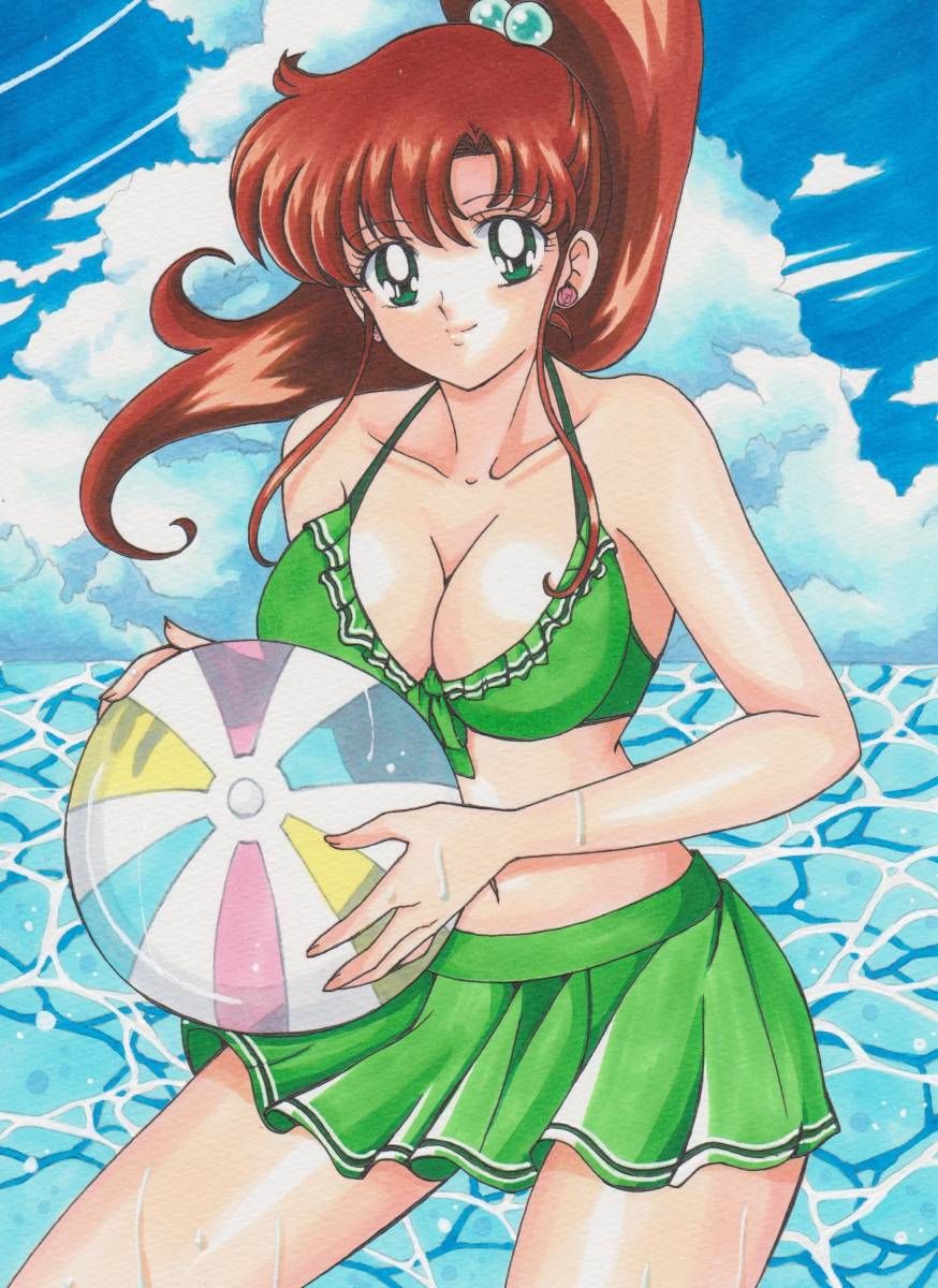 1girl adult_swim alluring big_breasts bikini bishoujo_senshi_sailor_moon bishoujo_senshi_sailor_moon_r bishoujo_senshi_sailor_moon_r_the_movie bishoujo_senshi_sailor_moon_s bishoujo_senshi_sailor_moon_s_the_movie bishoujo_senshi_sailor_moon_supers bishoujo_senshi_sailor_moon_supers_the_movie brown_hair cleavage frilled_bikini green_eyes holding_beachball makoto_kino ocean rascal_(n119) skirt_swimsuit toei_animation toonami viz_media