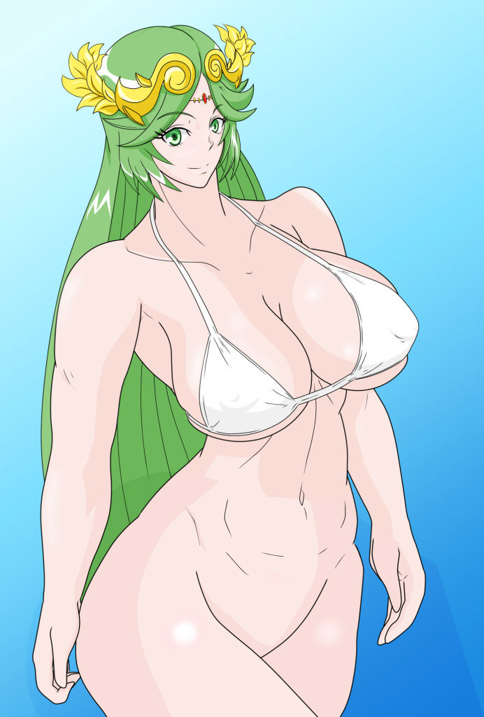 1girl alluring american_(fake) bare_legs big_breasts bikini cleavage goddess green_eyes green_hair kid_icarus naked_from_the_waist_down nintendo palutena pin_up under_boob