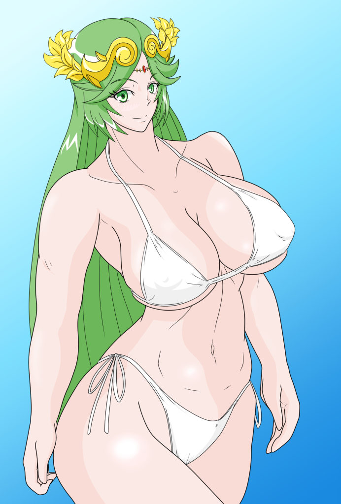 1girl alluring american_(fake) bare_legs big_breasts bikini cleavage goddess green_eyes green_hair kid_icarus nintendo palutena pin_up under_boob
