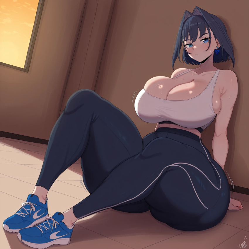 1girl ai_generated ass big_ass big_breasts breasts fundoshilover101 gigantic_ass hololive huge_ass ouro_kronii yoga_pants