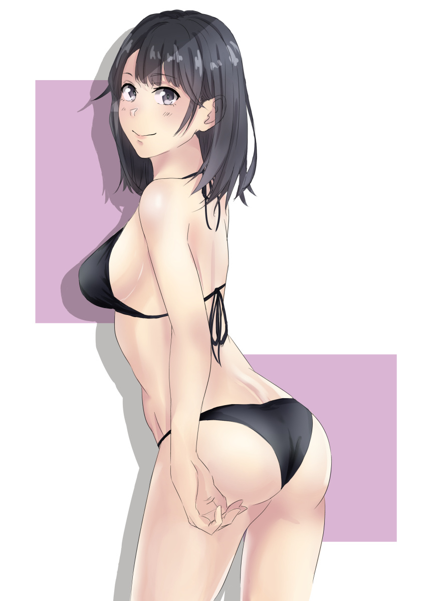 10s 1girl 1girl absurd_res alluring ass bikini black_bikini black_eyes black_hair cowboy_shot dimples_of_venus female_focus from_behind high_res light_smile looking_at_viewer looking_back medium_breasts meri-san short_hair silf string_bikini swimsuit yahari_ore_no_seishun_lovecome_wa_machigatteiru. yukinoshita_haruno