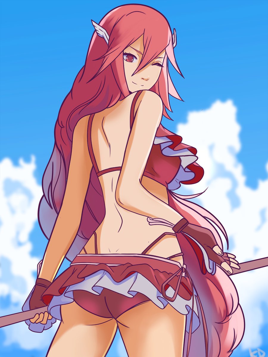 1girl 1girl 1girl alluring ass bare_shoulders bikini bikini_skirt blue_sky blush cleavage cordelia_(fire_emblem) fire_emblem fire_emblem_awakening fire_emblem_heroes fire_emblem_warriors frills gloves hair_ornament high_res long_hair looking_at_viewer medium_breasts milf nintendo polearm red_bikini red_eyes red_hair shell sky small_breasts smile spear swimsuit tommy_(kingdukeee) very_long_hair weapon wink