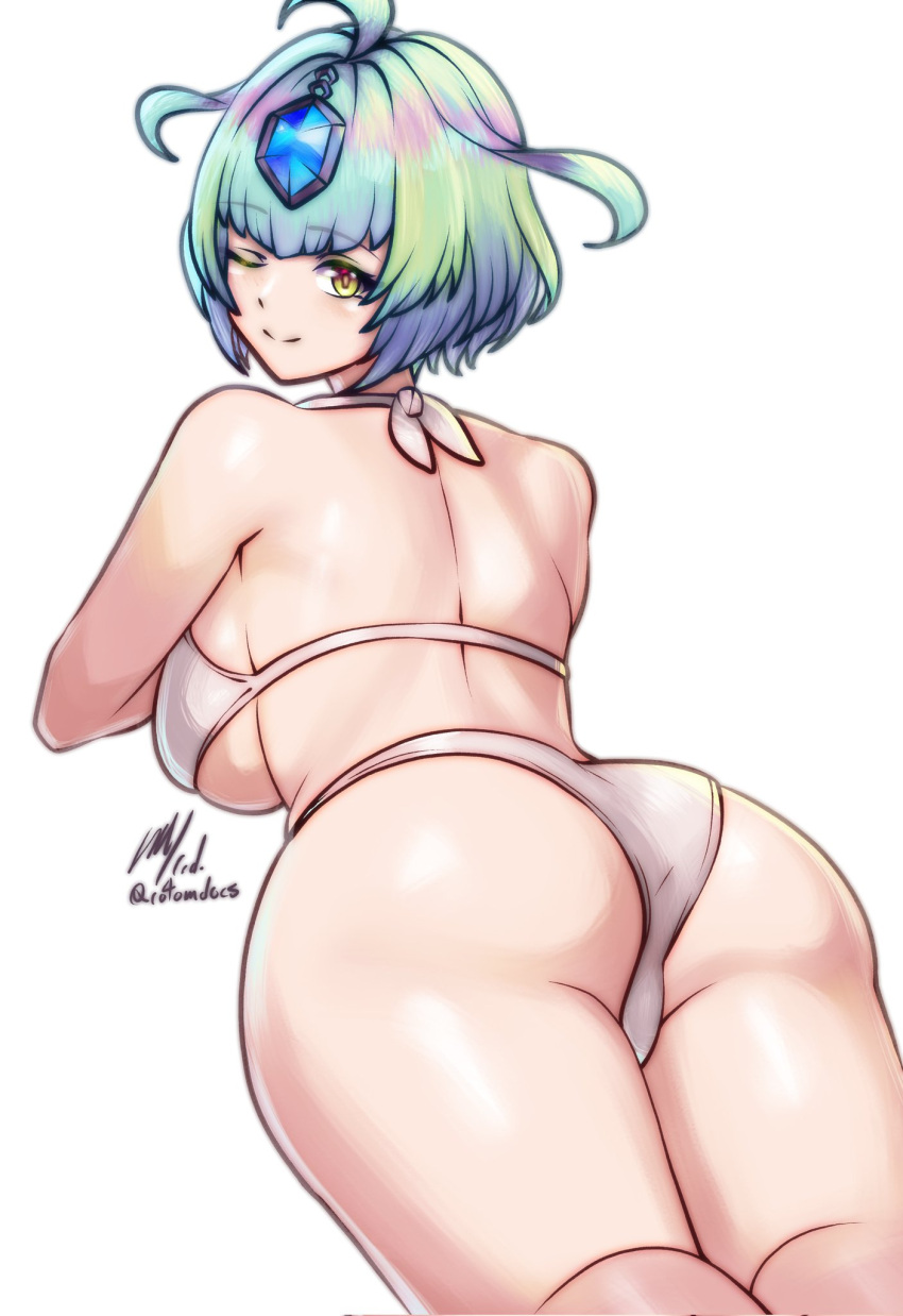 1girl 1girl ;) alluring ass back bare_shoulders bikini closed_mouth commentary english_commentary fire_emblem fire_emblem_heroes gradient_hair green_hair grey_hair high_res intelligent_systems looking_at_viewer looking_back multicolored_hair nintendo one_eye_closed purple_hair rotomdocs seidr_(fire_emblem) short_hair smile swimsuit twitter_username white_background white_bikini yellow_eyes
