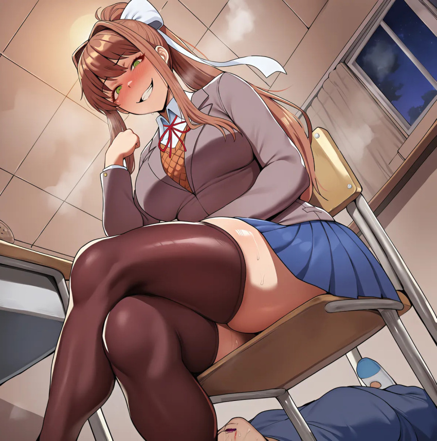 1boy 1girl ai_generated bare_thighs big_breasts brown_hair doki_doki_literature_club green_eyes grin hair_ribbon huge_breasts huge_thighs light-skinned_female light_skin looking_down low-angle_view massive_breasts monika_(doki_doki_literature_club) nsan ponytail school_uniform schoolgirl squatting stockings sweat sweatdrop thick_body thick_female thick_thighs thighs voluptuous voluptuous_female