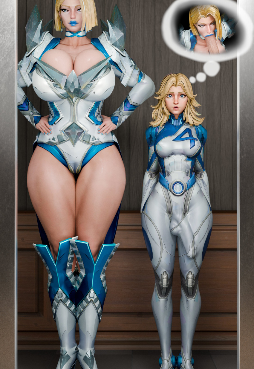 1futa 1futa1girl 1girl 1girl1futa 1girls 3d 3d_(artwork) :>= big_breasts bigger_female blonde_hair blue_eyes blue_lipstick blue_nails bodysuit breasts bulge bulge_down_leg bulge_through_clothing bulge_under_clothes clothed clothed_female clothed_female_clothed_futa clothed_futa digital_media_(artwork) duplicate emma emma_frost emma_frost_(marvel_rivals) erection erection_under_clothes fellatio female fully_clothed fully_clothed_female fully_clothed_futa futanari futanari_with_female hands_on_hips height_difference horny horny_futa huge_breasts imagination imagining intersex invisible_woman invisible_woman_(marvel_rivals) large_boobs larger_female leotard light-skinned_female light-skinned_futa light_skin marvel marvel_comics marvel_rivals shorter_futa size_difference smaller_futa sue_storm sue_storm_(marvel_rivals) susan_storm tagme thick_thighs x-men zzzxxxccc