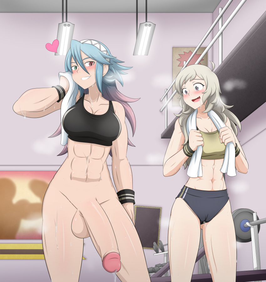 1futa 1girl abs absurd_res alluring athletic_female bare_shoulders big_breasts black_sports_bra blonde_hair blue_hair blush buruma cameltoe commission commissioner_upload drooling dumbbell female_abs fire_emblem fire_emblem_fates fit_female futanari futanari_with_female gluteal_fold gradient_hair green_eyes grey_eyes grin gym hair_between_eyes hair_ornament happy heart heart_in_eye heavy_breathing heterochromia high_res huge_penis indoors intelligent_systems long_hair luna_xd medium_breasts multicolored_hair naked_from_the_waist_down navel nintendo open_mouth ophelia_(fire_emblem) penis penis_awe pink_hair precum precum_string red_eyes shorts smile soleil_(fire_emblem) sports_bra steam steaming_body sweat symbol_in_eye testicle toned toned_female towel towel_around_neck very_long_hair wristband