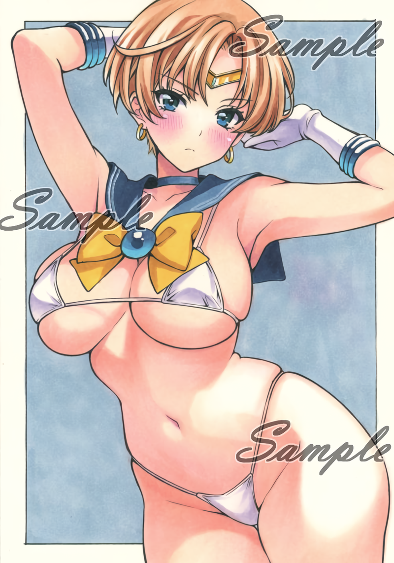 1girl 1girl 1girl adult_swim alluring big_breasts bikini bishoujo_senshi_sailor_moon bishoujo_senshi_sailor_moon_s bishoujo_senshi_sailor_moon_s_the_movie bishoujo_senshi_sailor_moon_supers bishoujo_senshi_sailor_moon_supers_the_movie blonde_hair blush breasts circlet collarbone cowboy_shot earrings feet_out_of_frame gloves gold_circlet haruka_tenou image_sample jewelry looking_at_viewer miyakooo0420 navel navy_eyes sailor_uranus short_hair simple_background standing swimsuit toei_animation toonami viz_media white_bikini