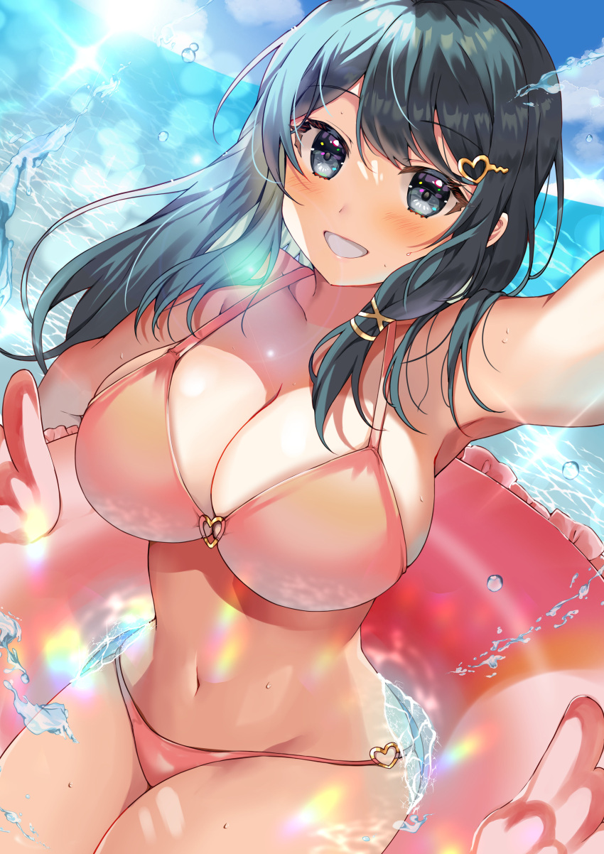 1girl 1girl 1girls alluring alternate_costume bare_thighs big_breasts bikini blue_eyes blue_hair cleavage female_only fire_emblem grin innertube intelligent_systems looking_at_viewer medium_hair nintendo ocean oribe_tsubasa outside pink_bikini pink_swimsuit selfpic sitting smile swimsuit teal_eyes teal_hair thighs tokyo_mirage_sessions_#fe water yam_(yamap_mako)