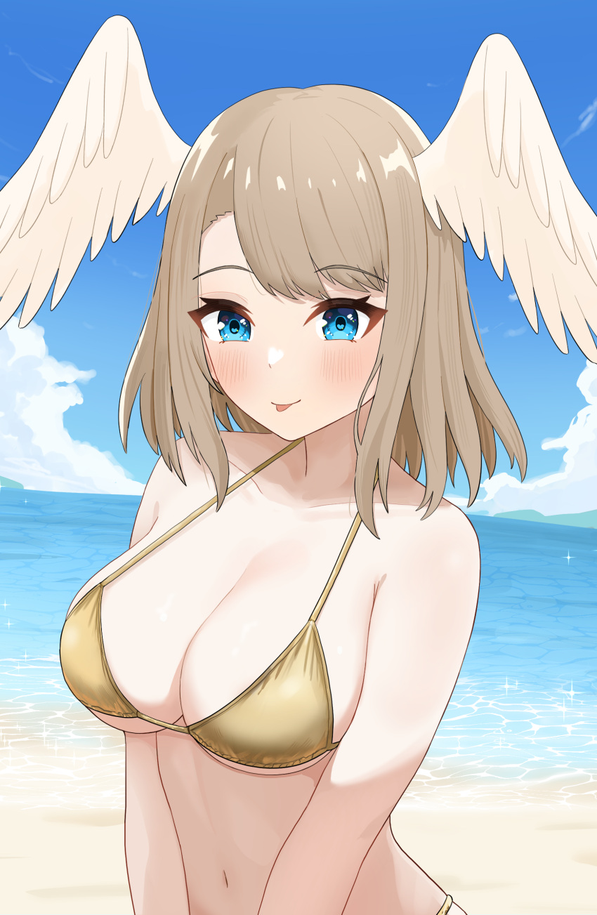 1girl 1girl absurd_res beach big_breasts bikini blue_eyes brown_hair eunie_(xenoblade) gold_bikini golden_week head_wings high_res keaworks looking_at_viewer medium_hair navel ocean smile swimsuit tongue tongue_out water white_wings wings xenoblade_(series)
