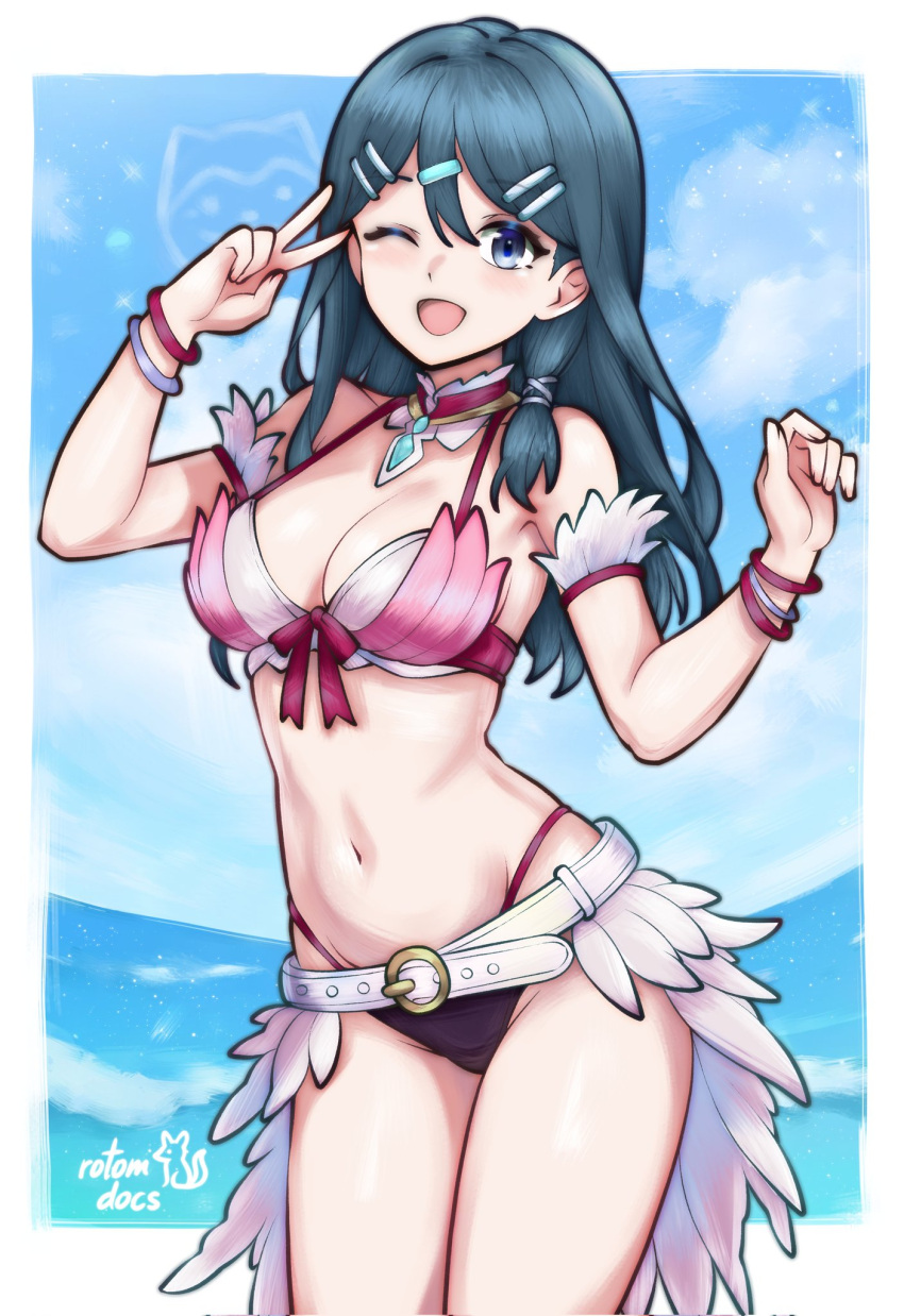 1girl 1girl adapted_costume alluring armband artist_name belt belt_buckle big_breasts bikini blue_eyes buckle cleavage cloud cloudy_sky commentary contrapposto detached_collar english_commentary feather_skirt feet_out_of_frame fire_emblem hair_between_eyes halterneck happy high_res highleg highleg_bikini intelligent_systems layered_bikini letterboxed long_hair multiple_hair_clips narrow_waist navel nintendo ocean one_eye_closed open_mouth oribe_tsubasa pink_ribbon ribbon rotomdocs showgirl_skirt sky sommie_(fire_emblem) swimsuit teal_hair tokyo_mirage_sessions_fe v very_long_hair white_belt wristband